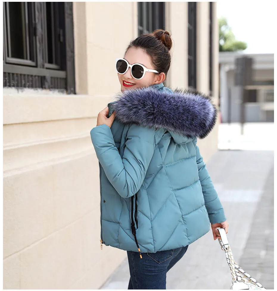 Winter Women Fur Collar Hooded Jacket