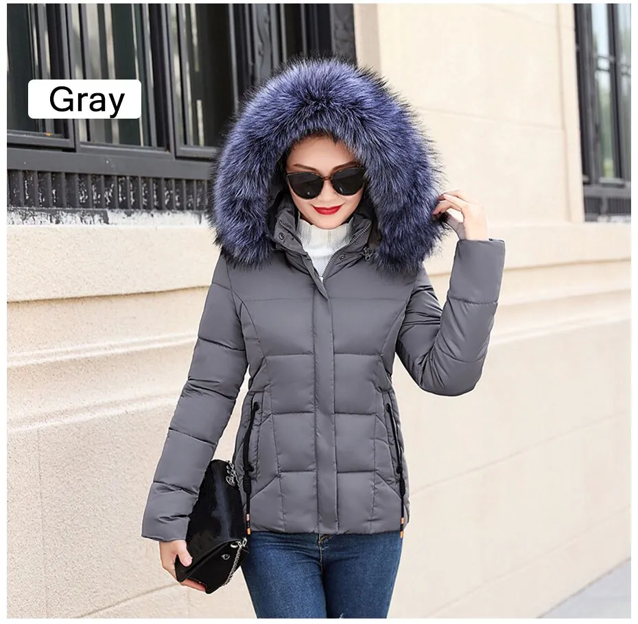 Winter Women Fur Collar Hooded Jacket