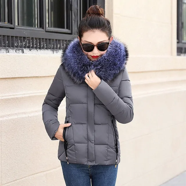 Winter Women Fur Collar Hooded Jacket