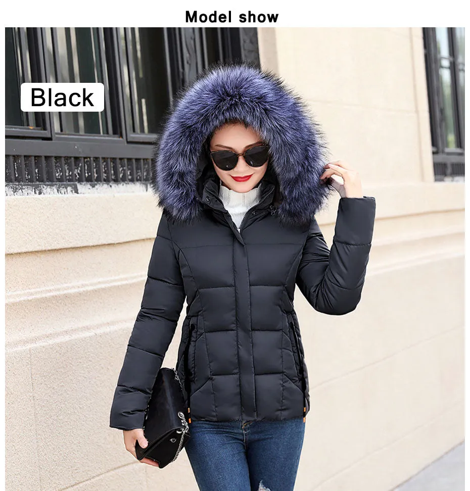 Winter Women Fur Collar Hooded Jacket