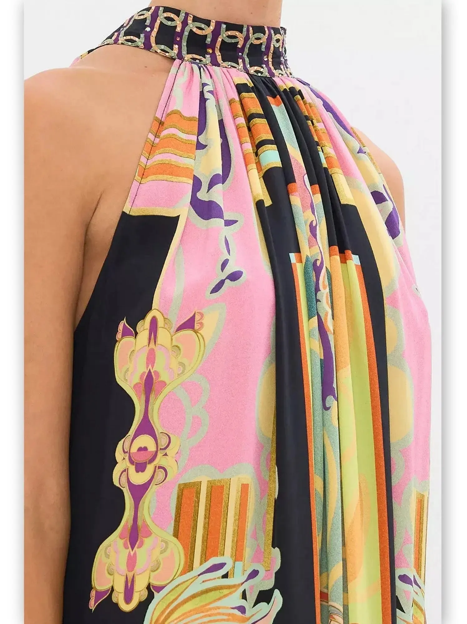 Women’s Abstract Printed Halter Tie-Neck Long Silk Dress