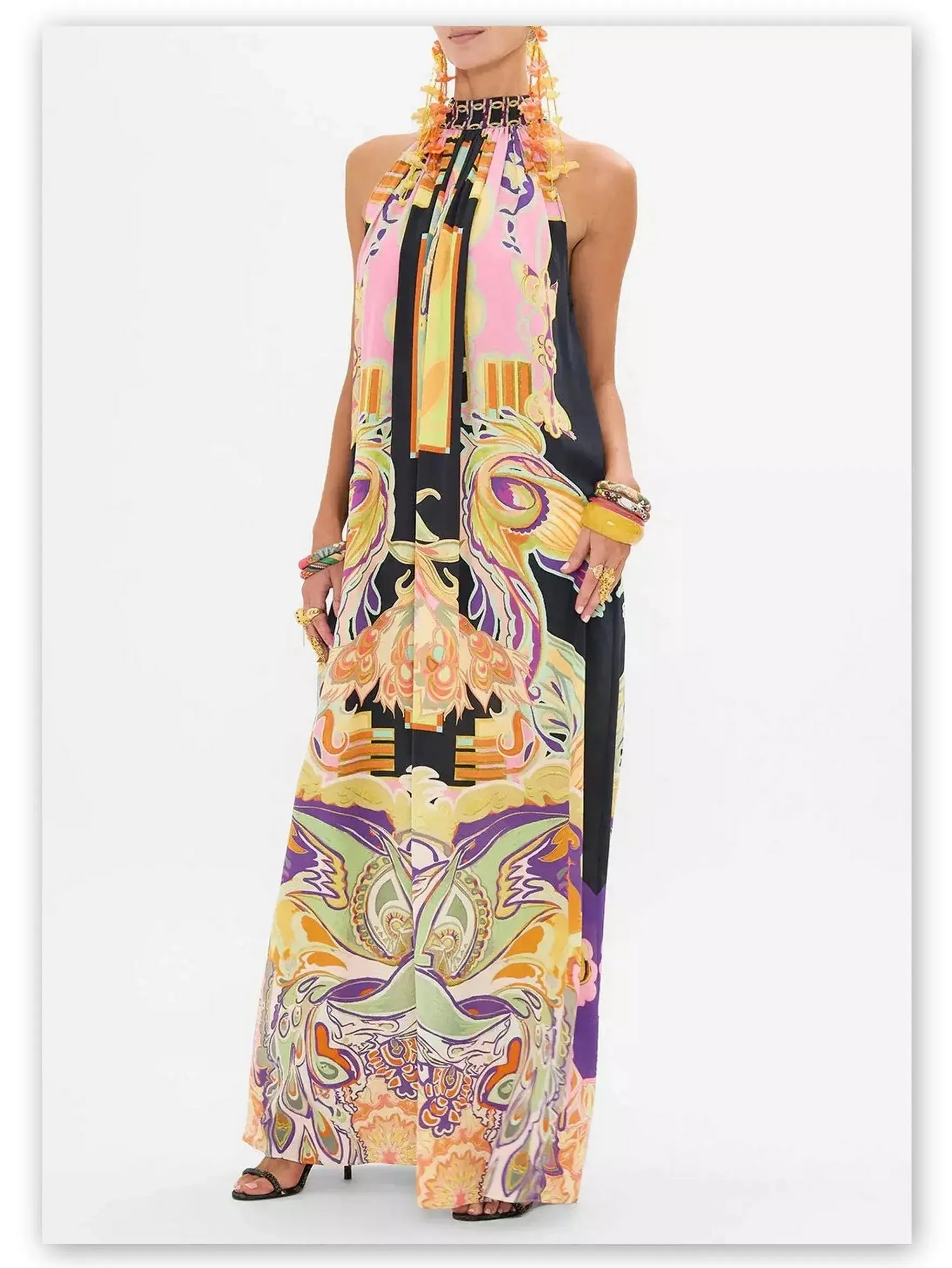 Women’s Abstract Printed Halter Tie-Neck Long Silk Dress