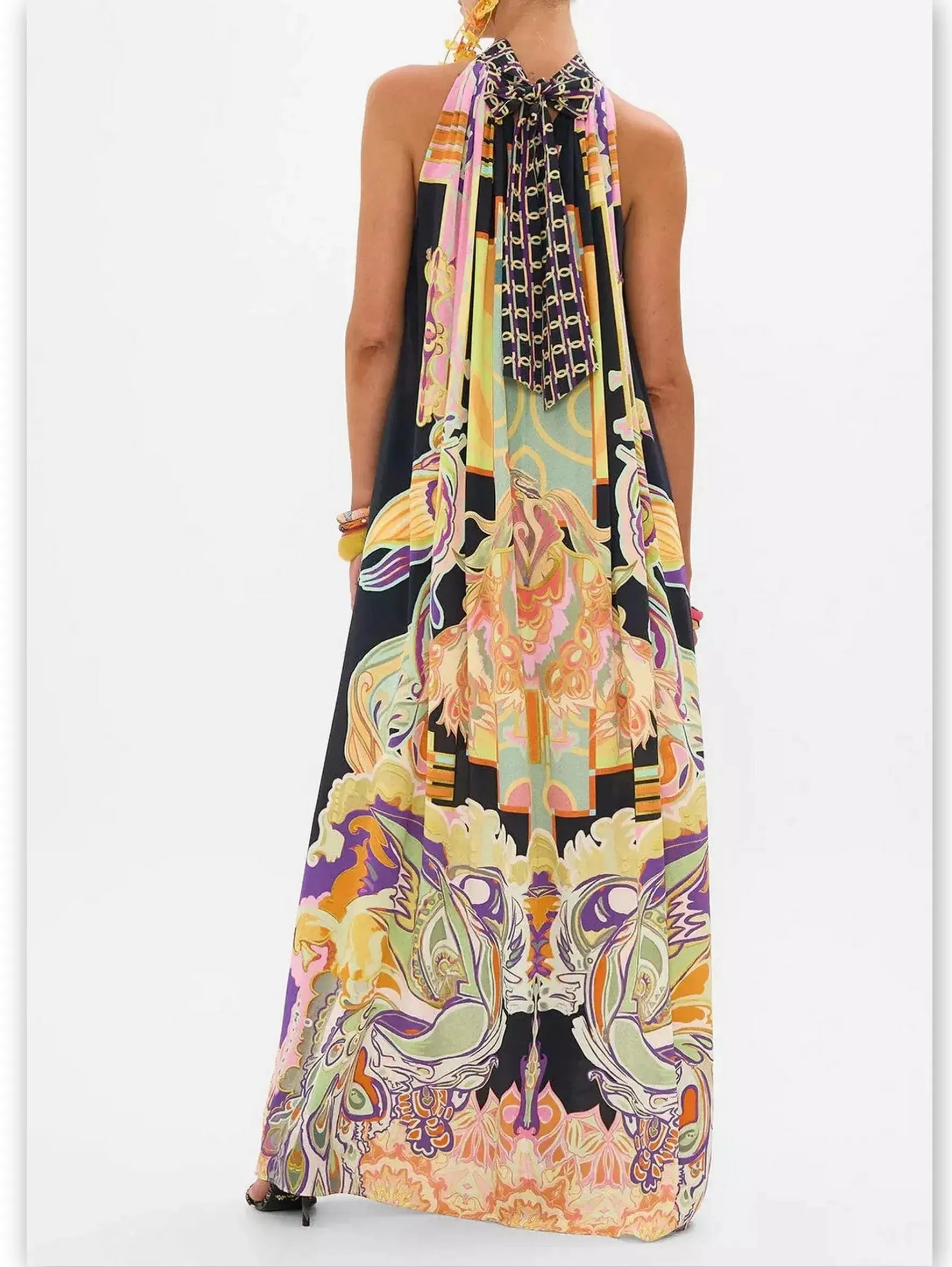 Women’s Abstract Printed Halter Tie-Neck Long Silk Dress