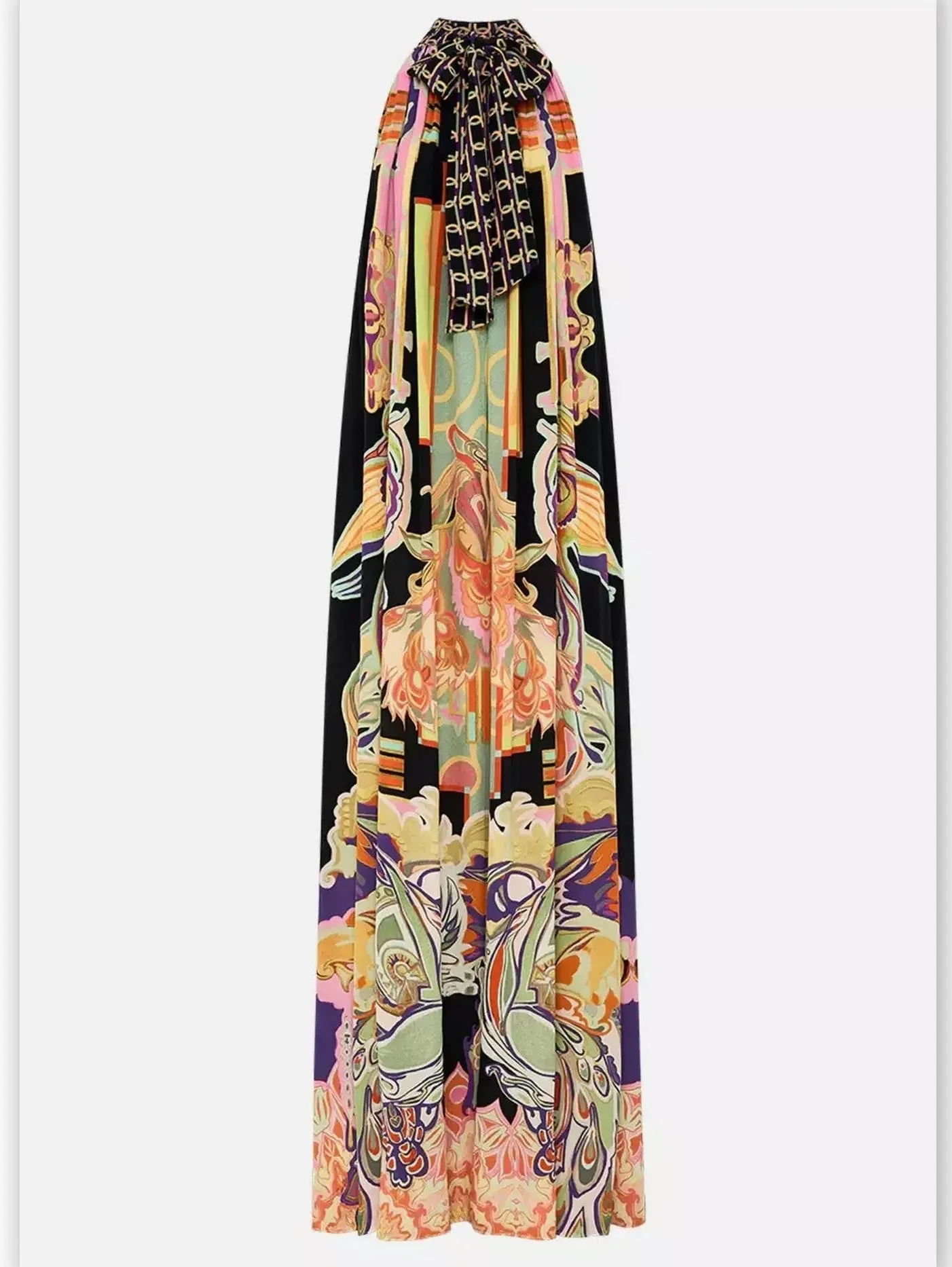 Women’s Abstract Printed Halter Tie-Neck Long Silk Dress