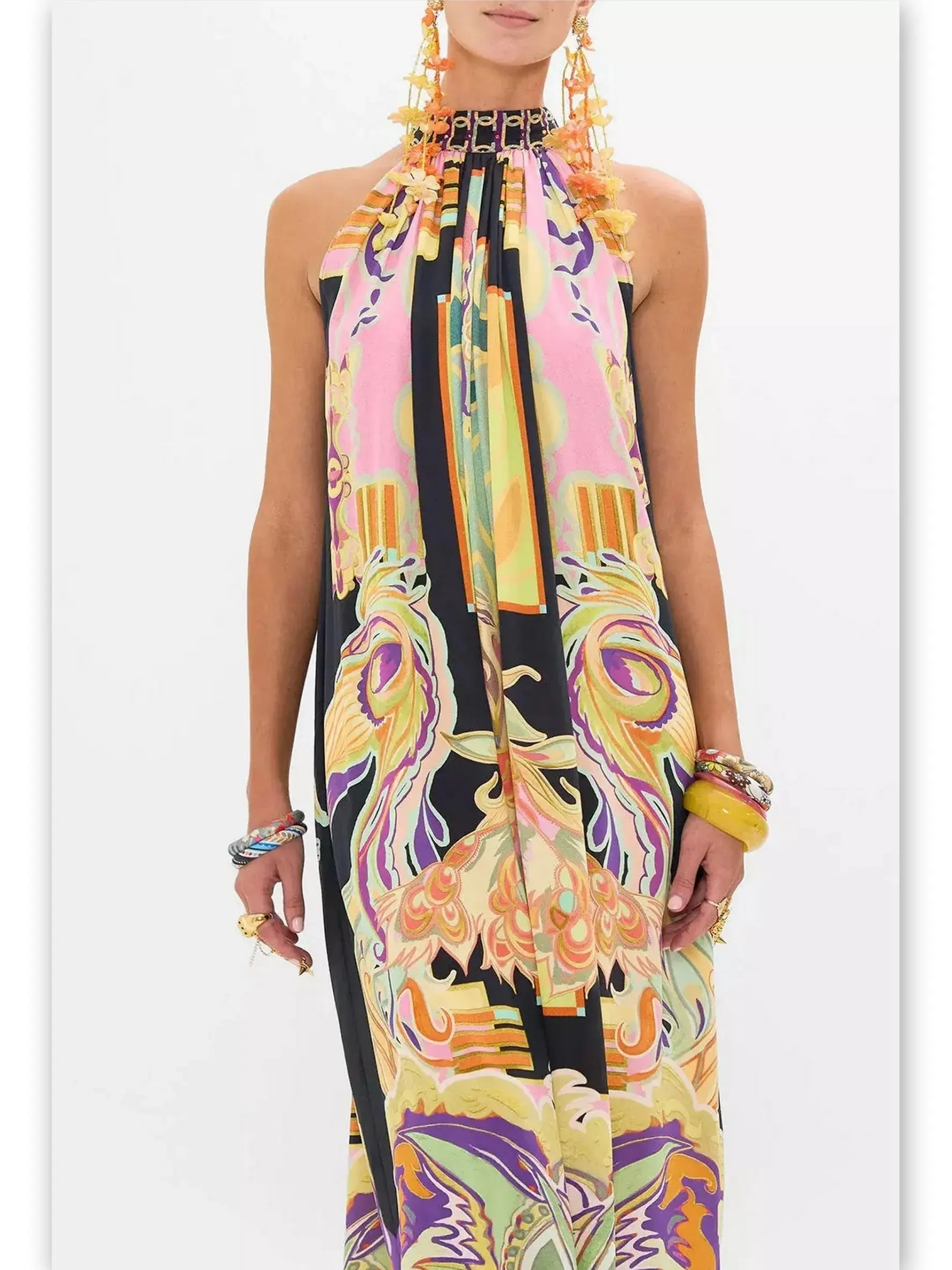 Women’s Abstract Printed Halter Tie-Neck Long Silk Dress