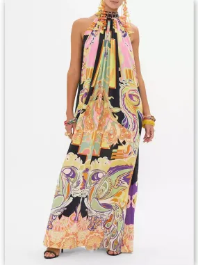 Women’s Abstract Printed Halter Tie-Neck Long Silk Dress