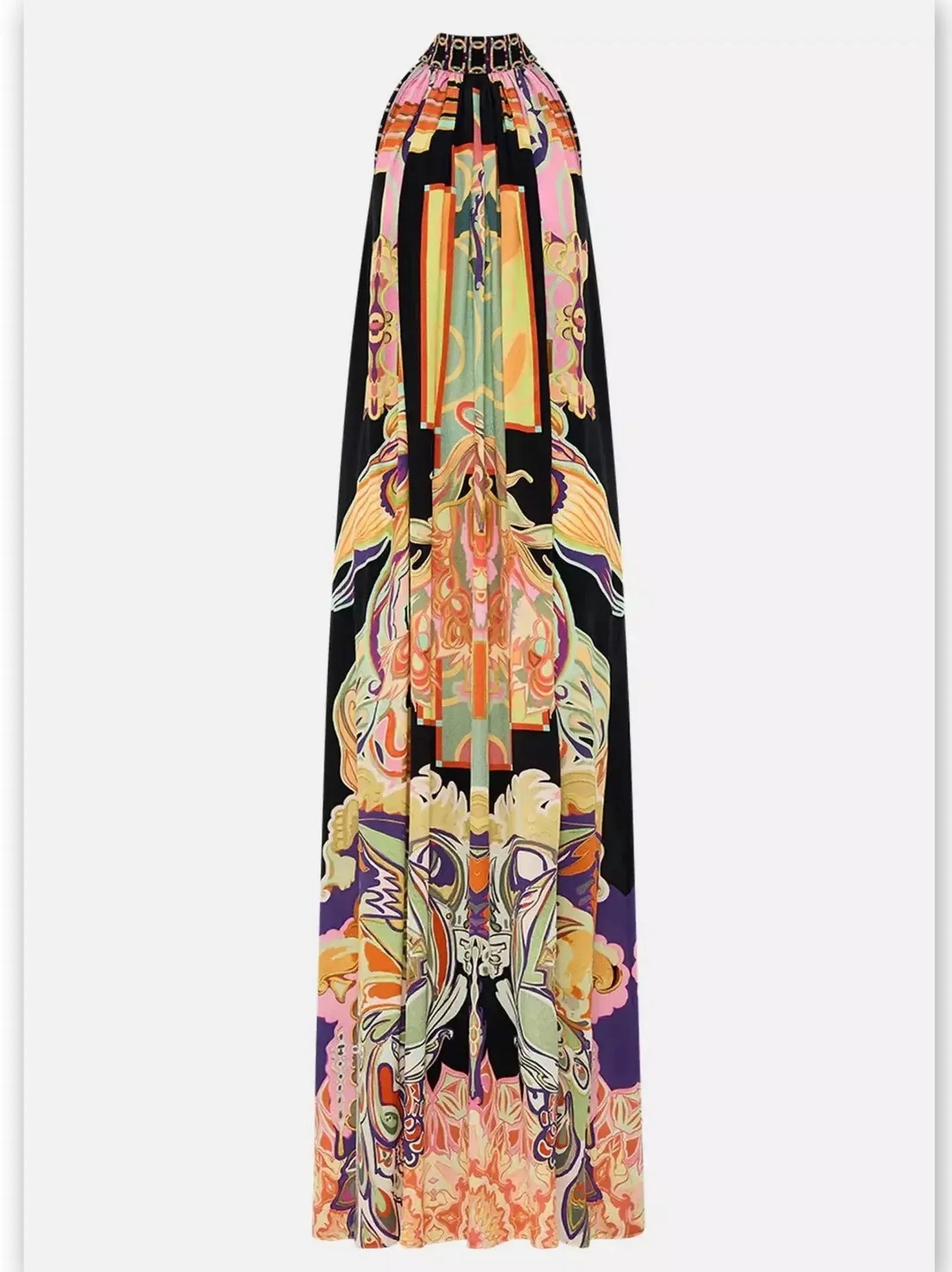 Women’s Abstract Printed Halter Tie-Neck Long Silk Dress