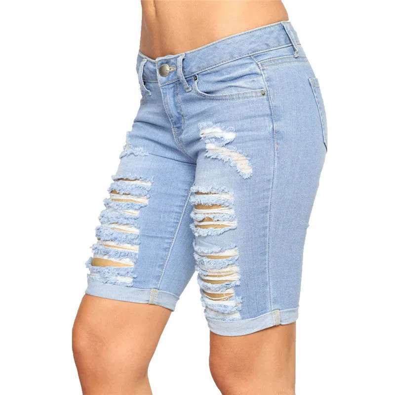 Women's Ripped Mid Waist Stretch Denim Bermuda Shorts