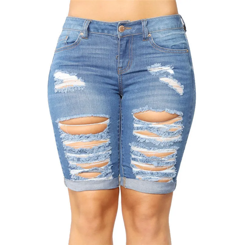 Women's Ripped Mid Waist Stretch Denim Bermuda Shorts