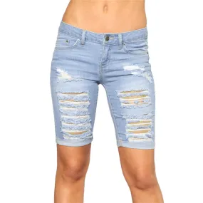 Women's Ripped Mid Waist Stretch Denim Bermuda Shorts