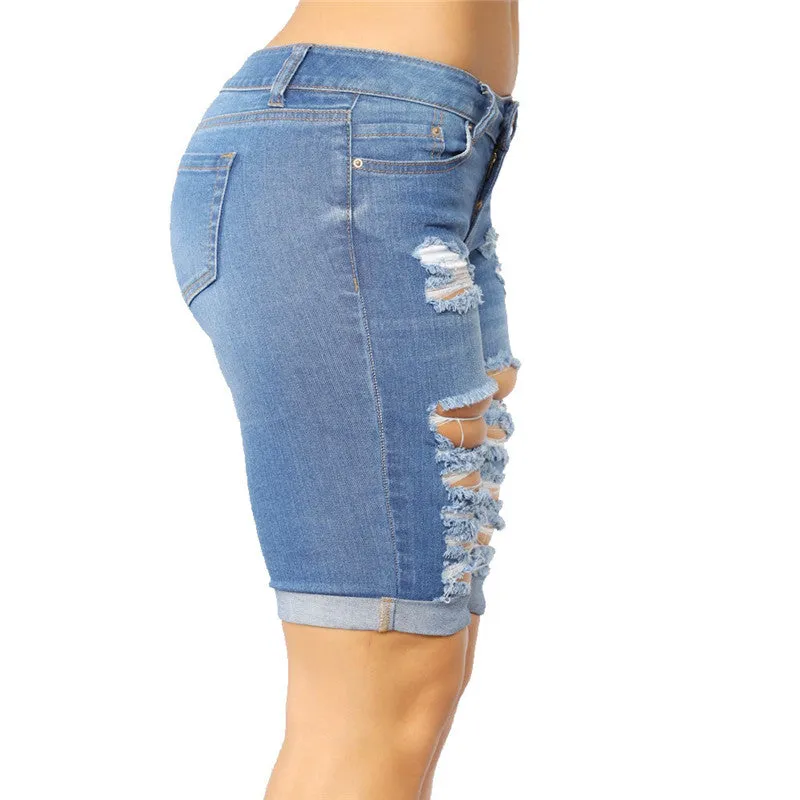 Women's Ripped Mid Waist Stretch Denim Bermuda Shorts