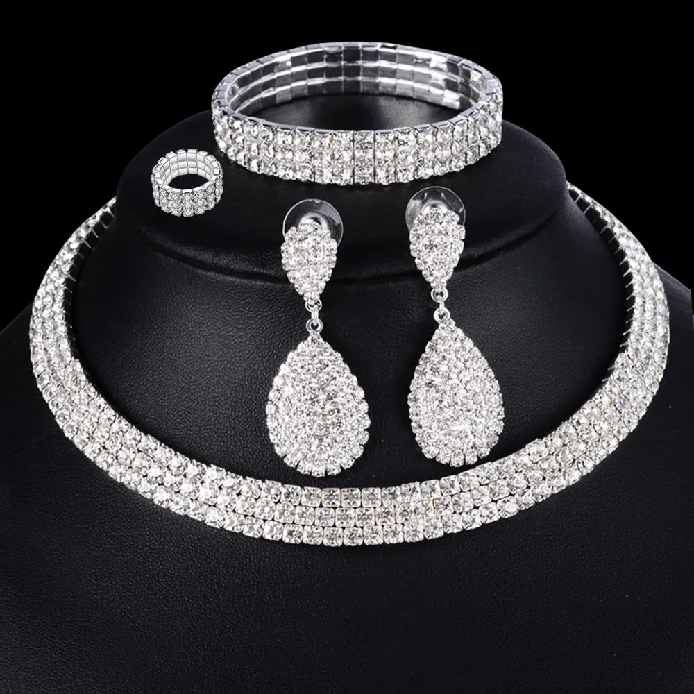 Women's Silver Color Rhinestone Earrings Bracelet Ring and Layered Choker Necklace Jewelry Set