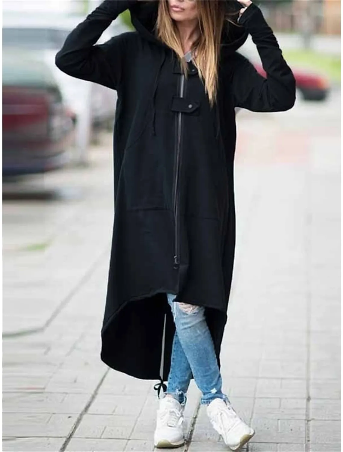 Women's Trench Coat Fall Casual Hoodied Jacket Zipper Windproof Long Coat with Poackets Street Daily Wear Winter Warm Regular Fit Stylish Long Sleeve