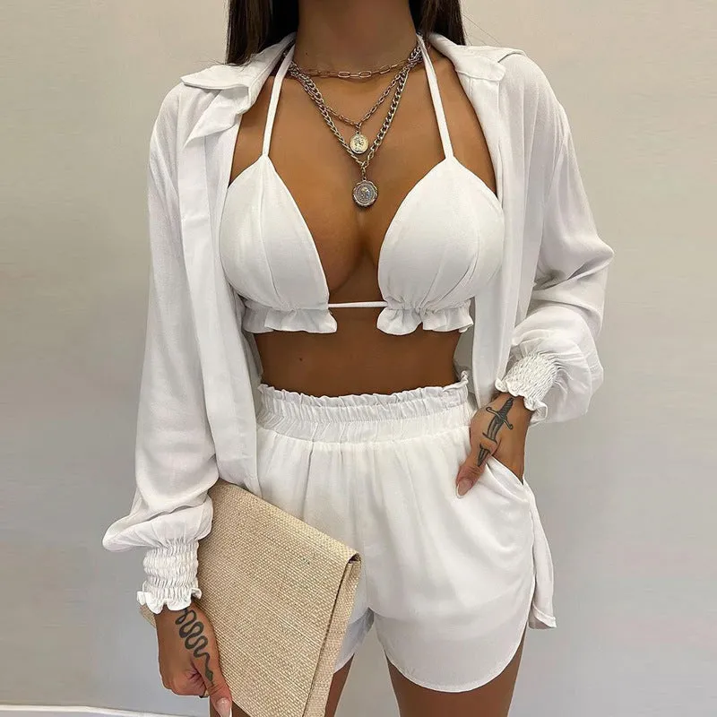 Women's Triangle Bikini Top With Matching Shorts And Blouse