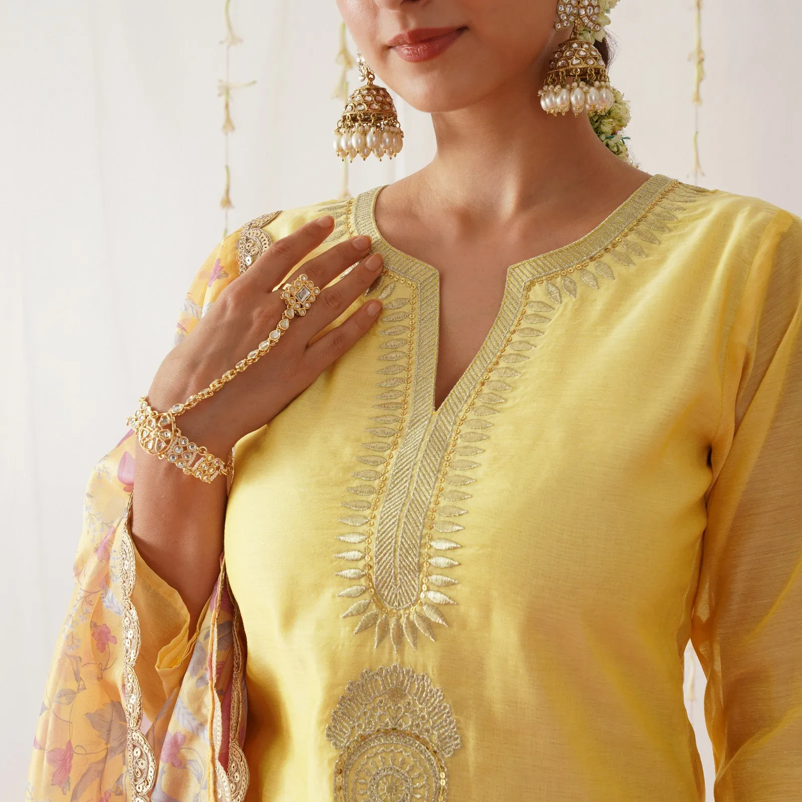 Yellow Embroidered Chanderi Kurta Pant Dupatta Set for Women with Gota Details