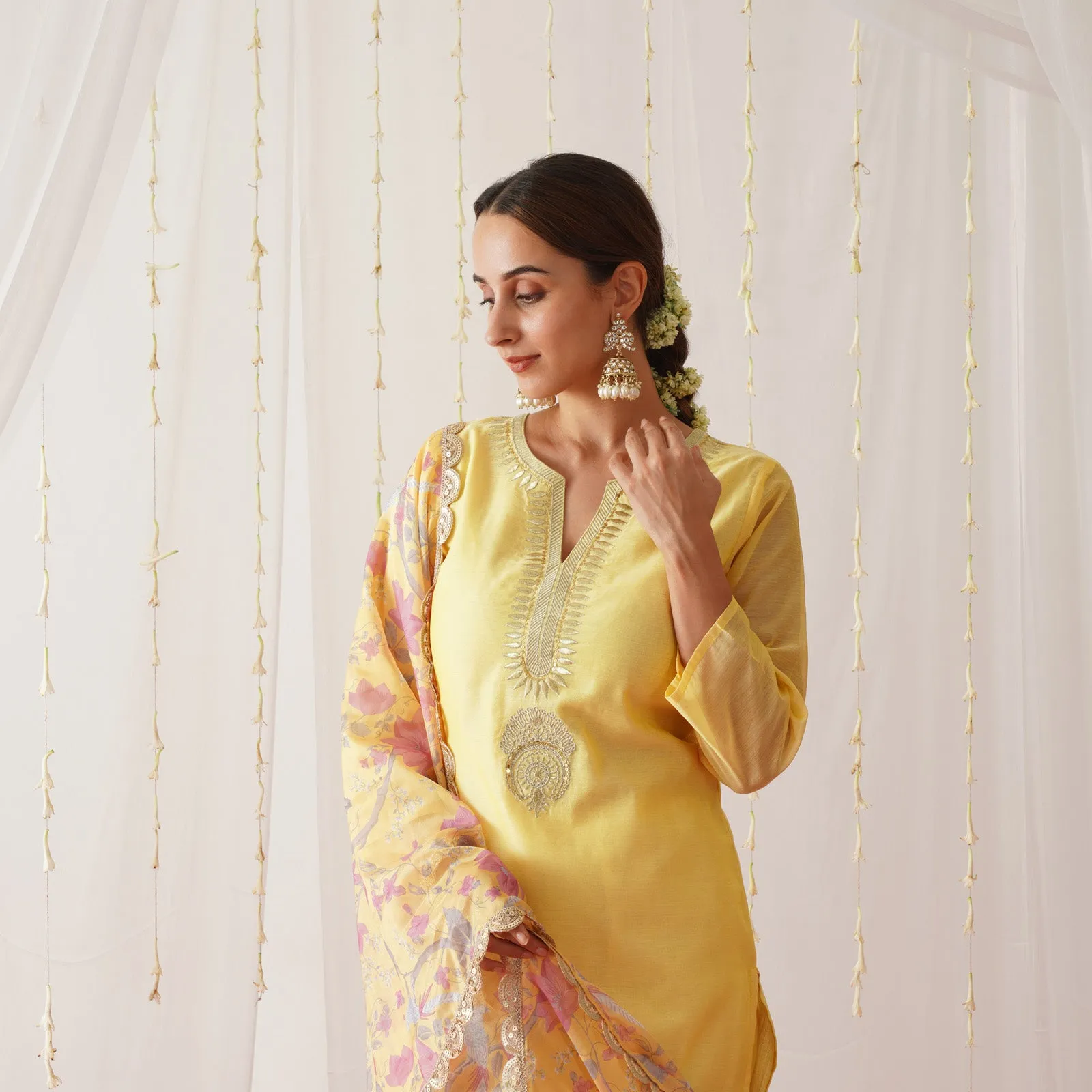 Yellow Embroidered Chanderi Kurta Pant Dupatta Set for Women with Gota Details