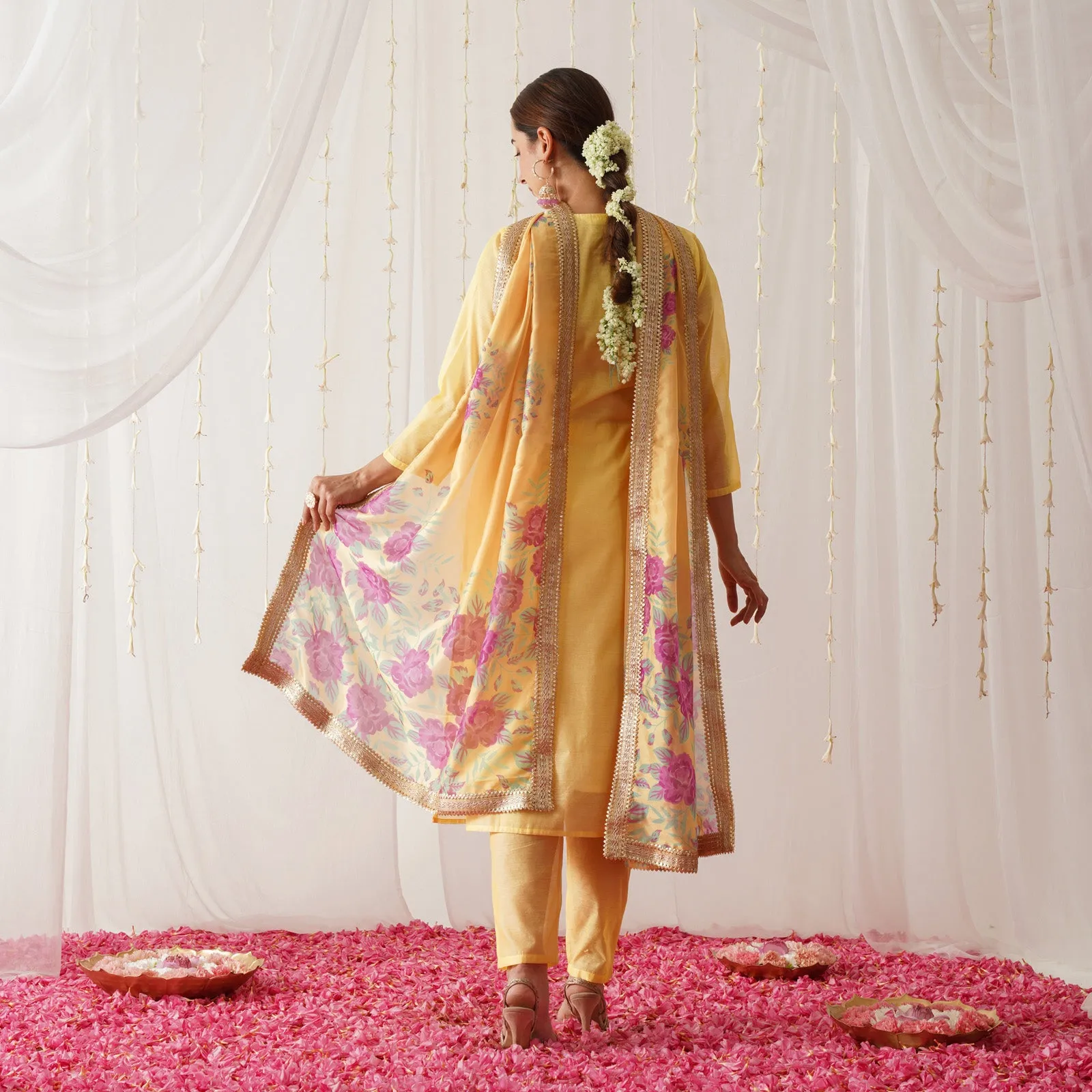 Yellow Embroidered Chanderi Kurta Pant Dupatta Set for Women