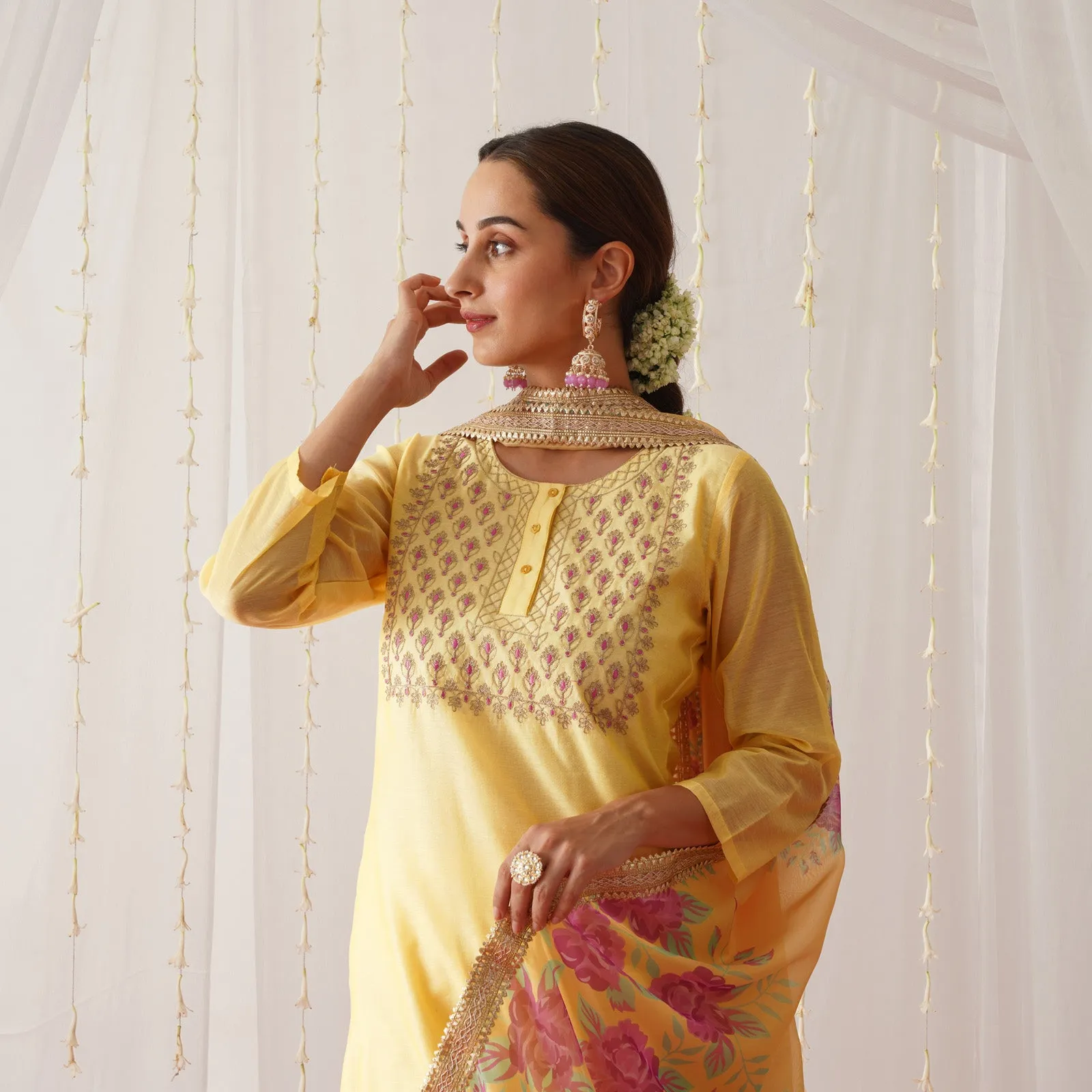 Yellow Embroidered Chanderi Kurta Pant Dupatta Set for Women