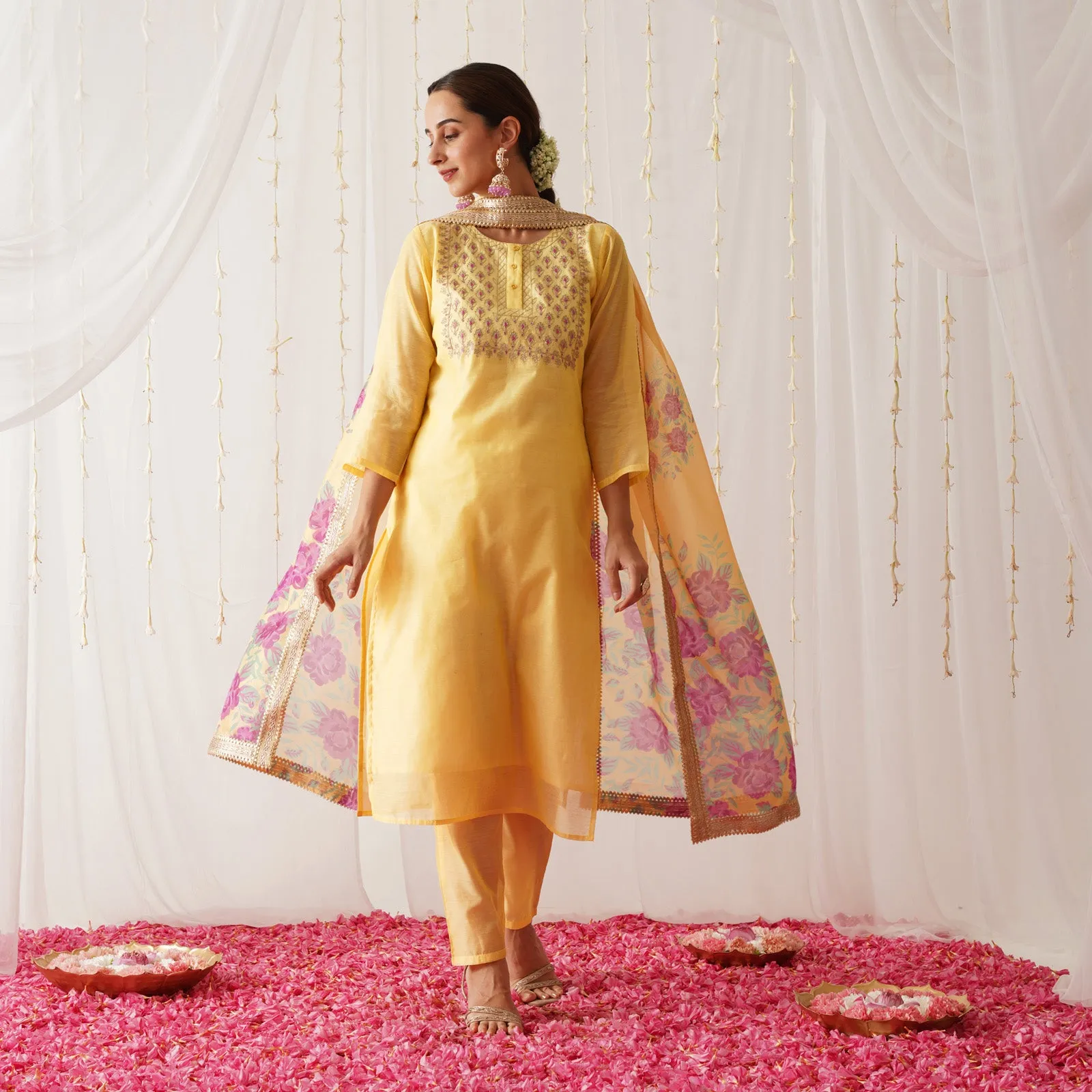 Yellow Embroidered Chanderi Kurta Pant Dupatta Set for Women