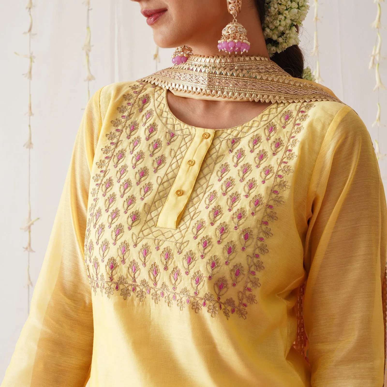 Yellow Embroidered Chanderi Kurta Pant Dupatta Set for Women