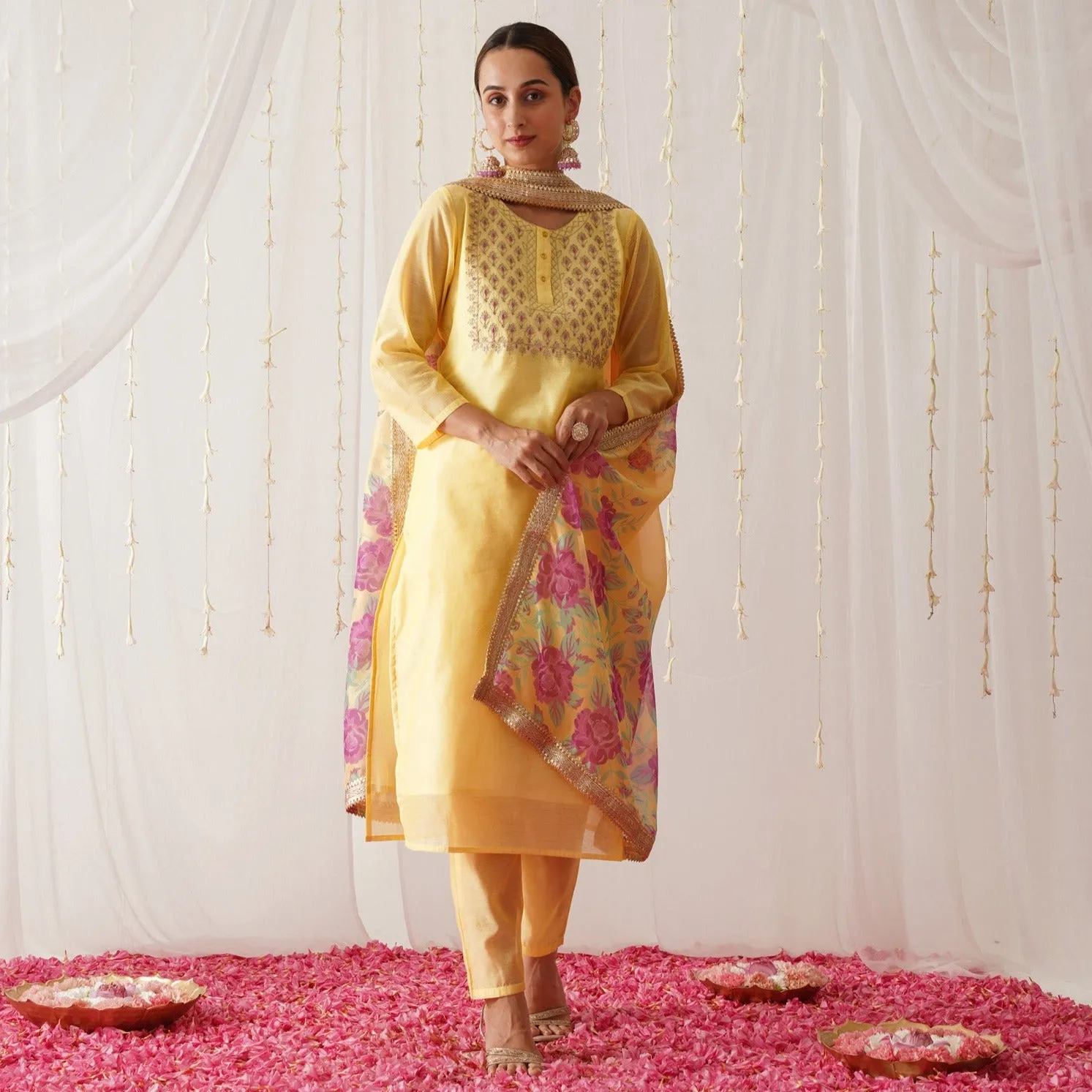 Yellow Embroidered Chanderi Kurta Pant Dupatta Set for Women