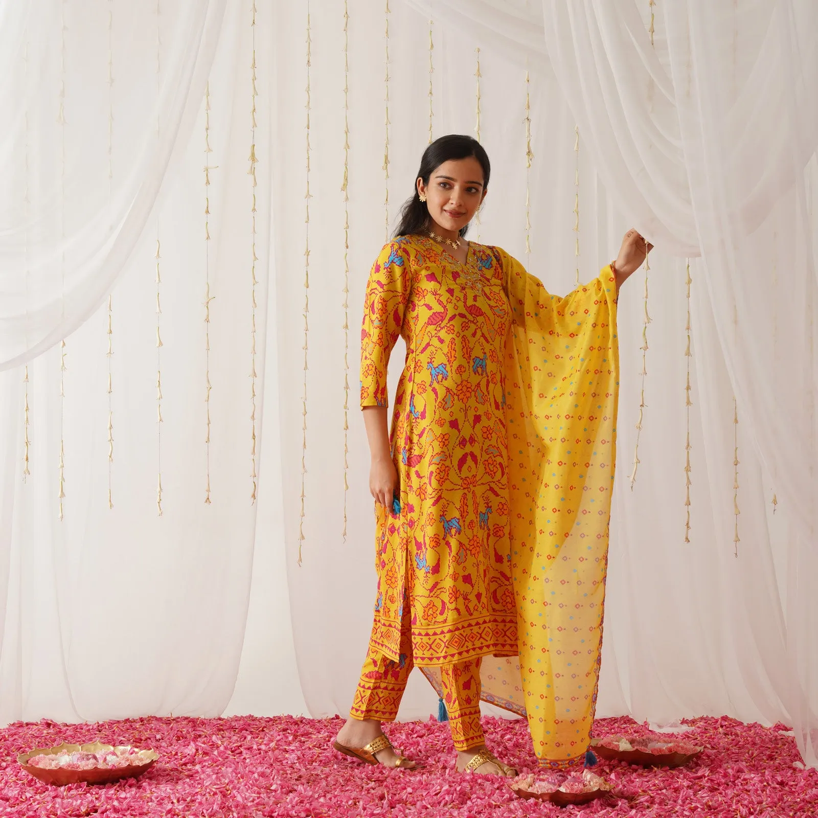 Yellow Neck Embroidered Kurta Set with Dupatta