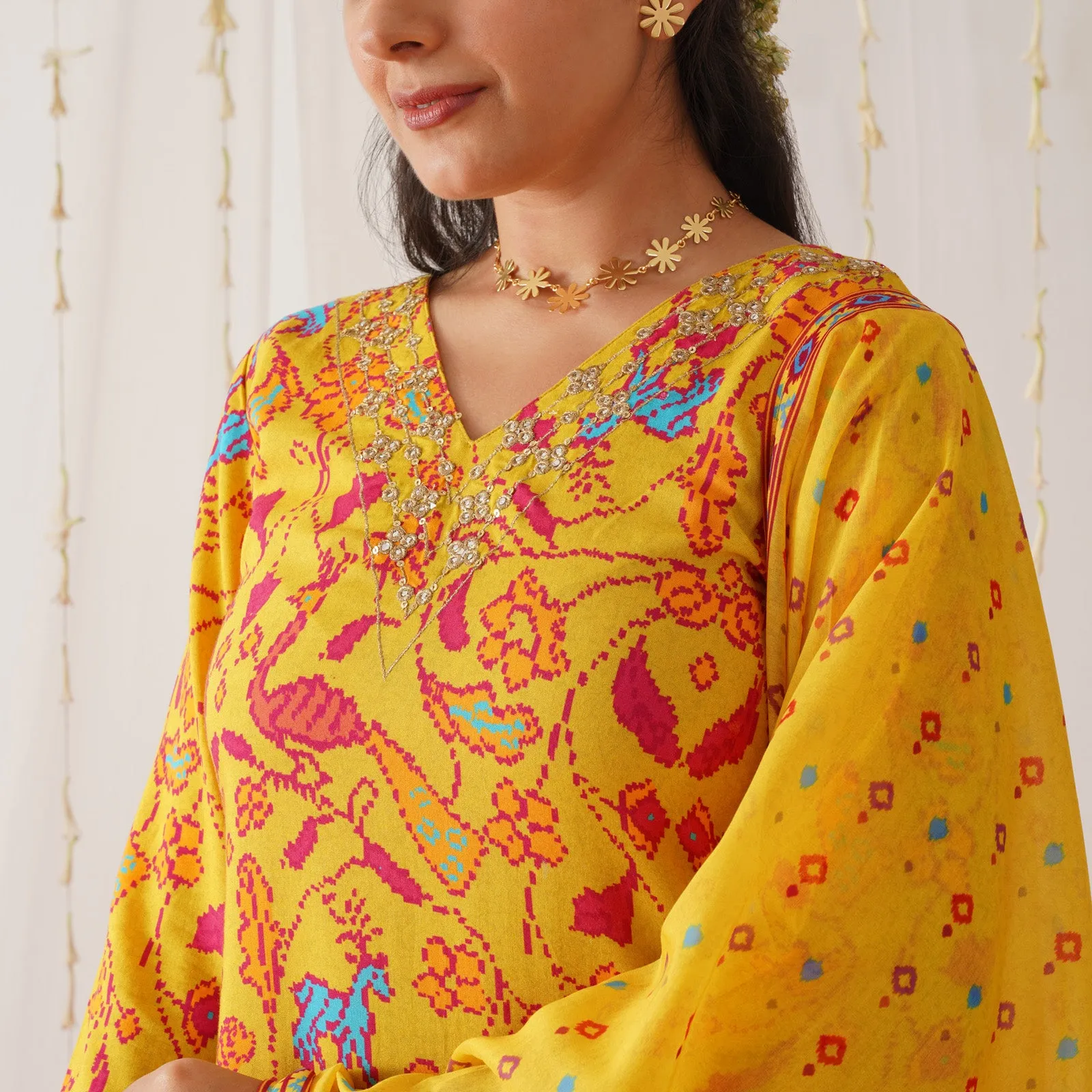 Yellow Neck Embroidered Kurta Set with Dupatta